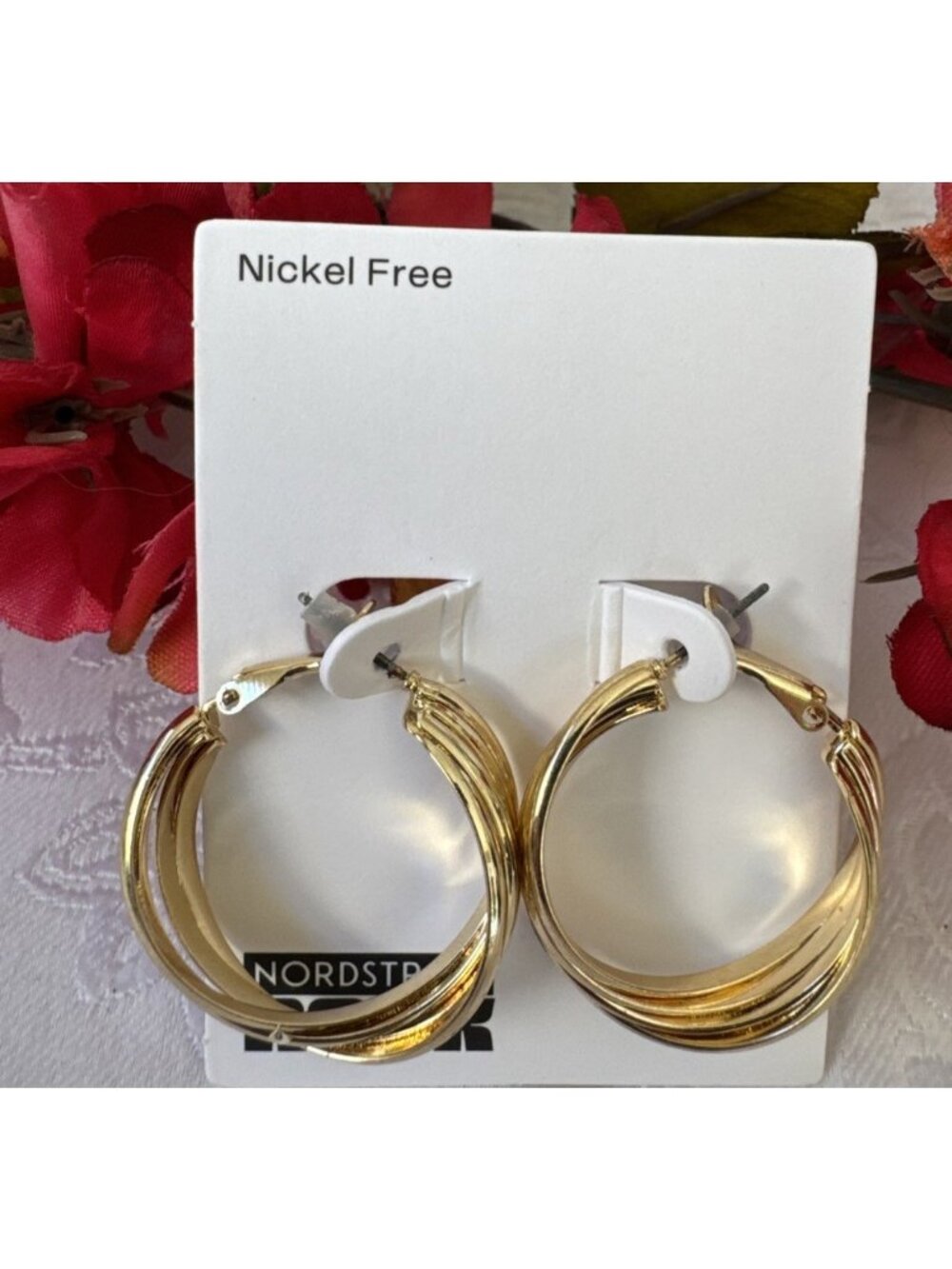 Nordstrom Rack Goldtone Intertwined Textured Hoop Earrings Nickel Free 1.25" NEW